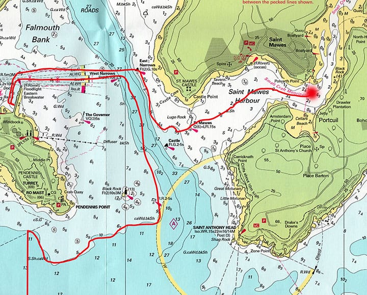 Chart showing Windfall’s approach and entrance to Falmouth Harbour and her subsequent journey across the Carrick Roads and up the Percuil River to the Roseland Maid’s mooring opposite the tiny boatyard at Portcuil.